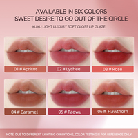 Vente en gros, faible MOQ, XUXU, 6 couleurs, teinte à lèvres liquide mate, double usage lèvres et joues, longue tenue, non-collant, gloss à lèvres, maquillage