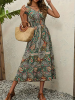 Robe longue décontractée pour femme, col en V, manches courtes, imprimé floral géométrique, taille haute, coupe trapèze fluide