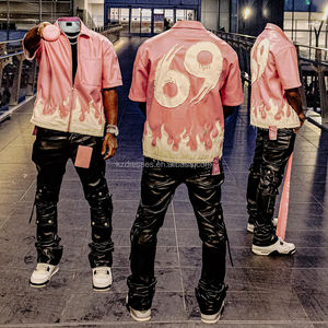 Produttore di Streetwear logo personalizzato estivo con Zip <span class=keywords><strong>giacca</strong></span> da lavoro con toppa ricamata camicie in <span class=keywords><strong>pelle</strong></span> squadrata da uomo - Product Image 1