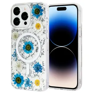 Transparent Magnetic Real Flower Phone Case for iPhone 15 Pro Max Plus Magnet Shockproof Phone Case Cover Protector