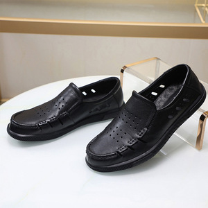 Mocassins en cuir véritable à bout rond, noirs, respirants, chaussures décontractées pour hommes, été, semelle extérieure en caoutchouc, semelle intermédiaire en EVA - Product Image 1