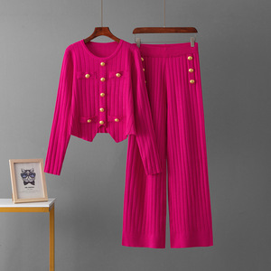 Nouveautés Ensemble Pull en Viscose Tricoté à Col Rond et Manches Longues pour Femme de Bureau, Cardigan et Manteau Boutonné Respirant à Jambes Larges - Product Image 3