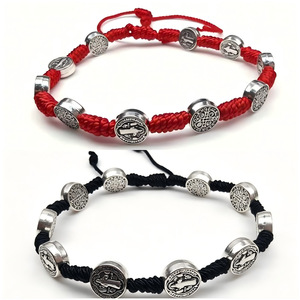 Cross Border Retro Woven <b>Bracelet</b> With Metal Beads St Benedict Jewelry Black And Red <b>String</b> Catholic Gift Tibetan Silver - Product Image 1