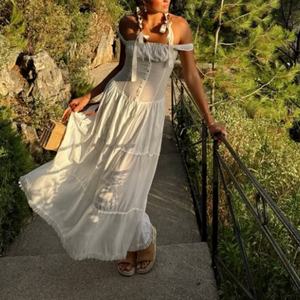 Nuevo Vestido Casual de Primavera con Etiqueta de Marca Personalizada, Vestido de Princesa con Hombros Descubiertos, Estilo Campestre, Vestido Largo de Popelina de Algodón Sólido - Product Image 1