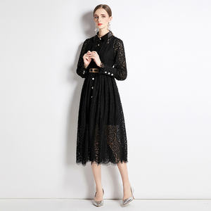 Nouvelle arrivée, robe longue élégante pour femme, manches longues, col rabattu, crochet, longue robe en dentelle <span class=keywords><strong>noire</strong></span> avec <span class=keywords><strong>ceinture</strong></span> - Product Image 5