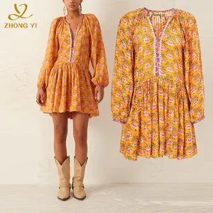 Mini Dress Clothing Design Service Custom Vintage Long Sleeve Embroider Cotton Print Sandbeach Casual Short Bohemian Dresses