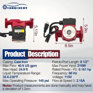 Pompe de circulation Up43-75Bf 115V 1/6Hp 3 vitesses, recirculateur d'eau chaude en fonte rouge - Product Image 5