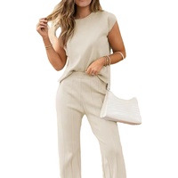 Haut sans manches décontracté léger en tricot deux pièces avec pantalon plissé à taille élastique ensemble de t-shirts pour femmes