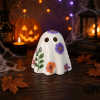 Figur Hantu Halloween Grosir, Keramik Tahan Panas Putih, Dekorasi Daun Bunga, Lampu LED Warna-warni, Dekorasi Rumah Meriah