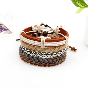 European American Style <b>Bracelet</b> Set Multi Layer Waxed Rope Hemp Leather Beaded <b>Ball</b> Design Fashion Jewelry Four Piece Set - Product Image 2