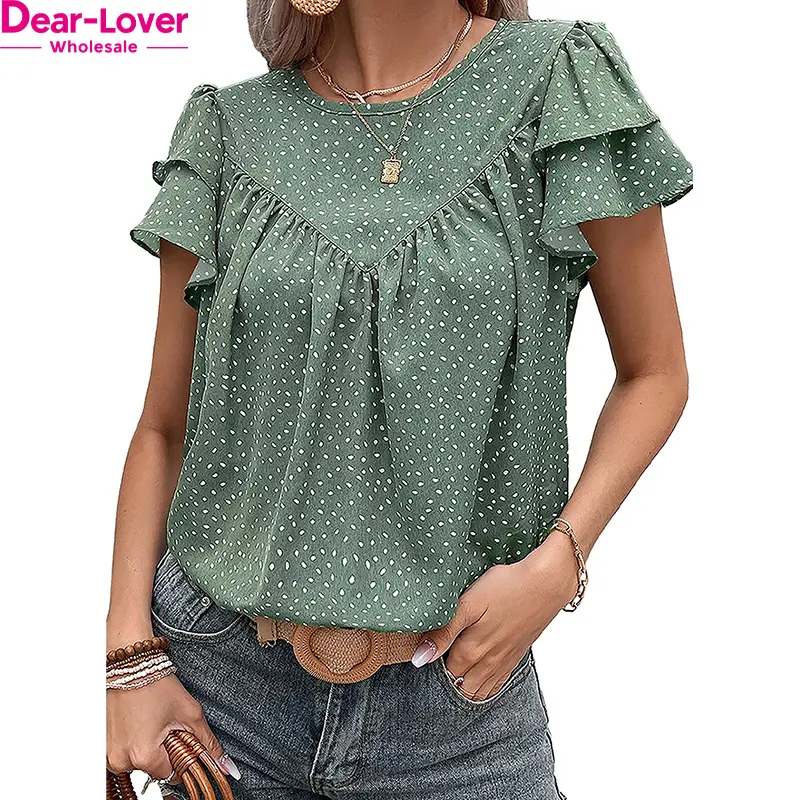 Dear-Lover Venta al por mayor Moda Verano Elegante Punteado Volantes Manga Cuello redondo Fruncido Blusa Mujer