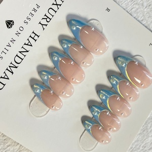 Venta al por mayor 10 piezas <span class=keywords><strong>azul</strong></span> francés <span class=keywords><strong>pintado</strong></span> a mano Gel prensa <span class=keywords><strong>uñas</strong></span> hermoso lujo diseño personalizado Artificial prensa en las <span class=keywords><strong>uñas</strong></span> - Product Image 1