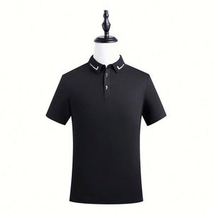 Polo de golf slim noir en coton et soie 100% avec logo personnalisé brodé, col à deux boutons, motif imprimé et design uni pour homme - Product Image 1