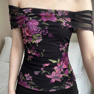 Top de malla floral con hombros descubiertos para mujer, ajustado, transparente, de manga corta, estilo Y2K, elegante, para verano - Product Image 1
