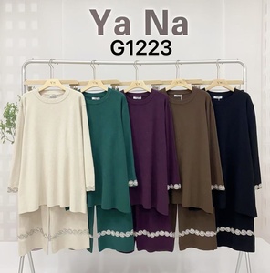 Ensemble élégant en tricot de laine mélangée, pull à manches longues + pantalon large avec strass, vêtements de détente décontractés de luxe pour femmes - Product Image 6