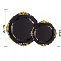 Sous-Assiette de Présentation Noire en Plastique, Bordure Perle Or Rose, Élégante, pour Mariages, Vaisselle et Plats (Vente en Gros)