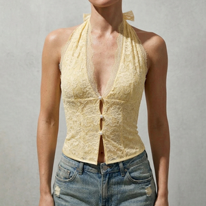 Top Halter de Encaje Amarillo para Mujer con Botones de Perlas, Blusa Transparente con Cuello en V y Estampado Floral, Ajuste Delgado, Sexy, Top Corto de Verano 2026 Nuevo - Product Image 2