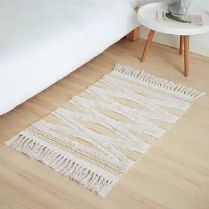 手工小地毯卧室床边脚垫地毯民族风格编织亚麻棉长方形客厅地毯垫
