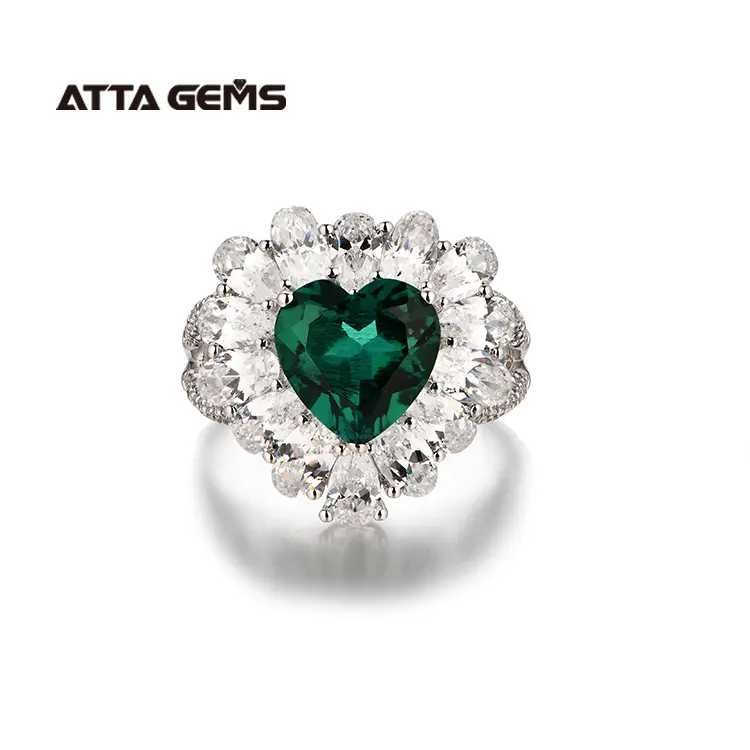 Most Popular Jewelry Special Heart Shape Zambian Emerald Design Double White Zircon Surrounding 925 Sterling Silver Rings