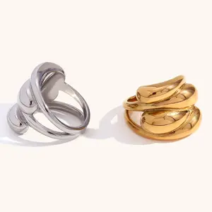 Hot Selling Water Droplets Waves Crisscrossing Dome Ring Stainless Steel Plated With 18K Gold Fashionable And Luxurious Ring