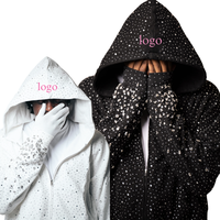 Sweat à capuche zippé pour homme, personnalisé avec strass et cristaux de luxe, en molleton French Terry, coupe oversize, épais et courte