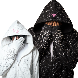 Sweat-shirt à capuche personnalisé avec strass, veste en molleton de luxe, sweat-shirt à capuche en molleton français avec cristaux de diamant, surdimensionné, lourd, court, fermeture éclair pour homme - Product Image 2