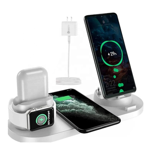 Hotel Home Office Best Choose 6 in 1 Desk Wireless Phone Charger Stand With 360 Degree Rotation for Apple Micro Type C Connect
