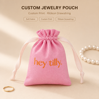 Kantong Serut Katun Linen Pink dengan Logo Cetak Kustom, Tas Amplop Mini, Kemasan Perhiasan Cincin Mewah, Tas Muslin