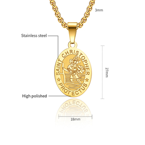 Collier Saint <span class=keywords><strong>Christophe</strong></span> en or 18 carats non terni pour hommes garçons collier pendentif ovale gravé St. Christopher en acier inoxydable - Product Image 5