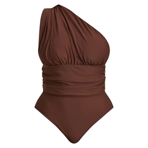 Traje de Baño Ecológico Anti Cloro UFP 50+ de Micro Nylon y Spandex para Mujer, Color Chocolate, de Un Hombro, Fruncido, de Una Pieza - Product Image 6