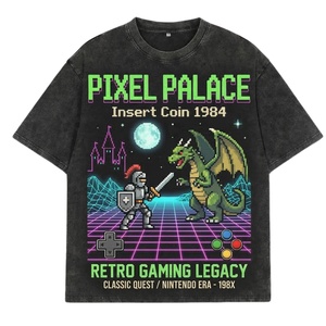 Camiseta de algodón 100% de alto gramaje, estilo vintage con lavado ácido, diseño gráfico de píxeles de videojuegos, corte holgado, para hombre, a bajo precio. - Product Image 1