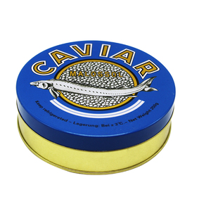 Boîte de conserve en fer blanc pour <span class=keywords><strong>caviar</strong></span>, <span class=keywords><strong>prix</strong></span> compétitif, 30g, 50g, <span class=keywords><strong>100g</strong></span>, 125g, 250g, 500g, ronde, bleue et dorée - Product Image 2