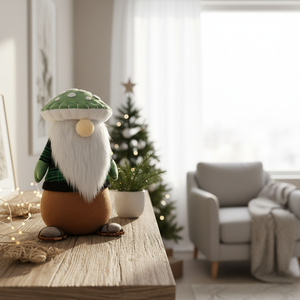 Petite poupée elfe de Noël verte unique faite à la main, mignonne, en peluche, avec chapeau en forme de champignon et des crocs de renne - Product Image 2