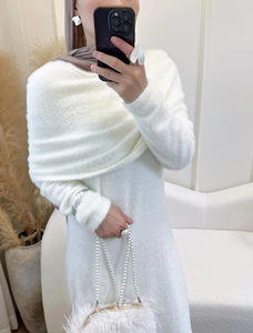 Robe Modeste <span class=keywords><strong>d</strong></span>'Hiver Couleur Unie Coupe Ajustée Pull avec Ensemble Deux Pièces avec Cape Femmes Musulmanes Tissu Tricoté Robe Abaya - Product Image 5