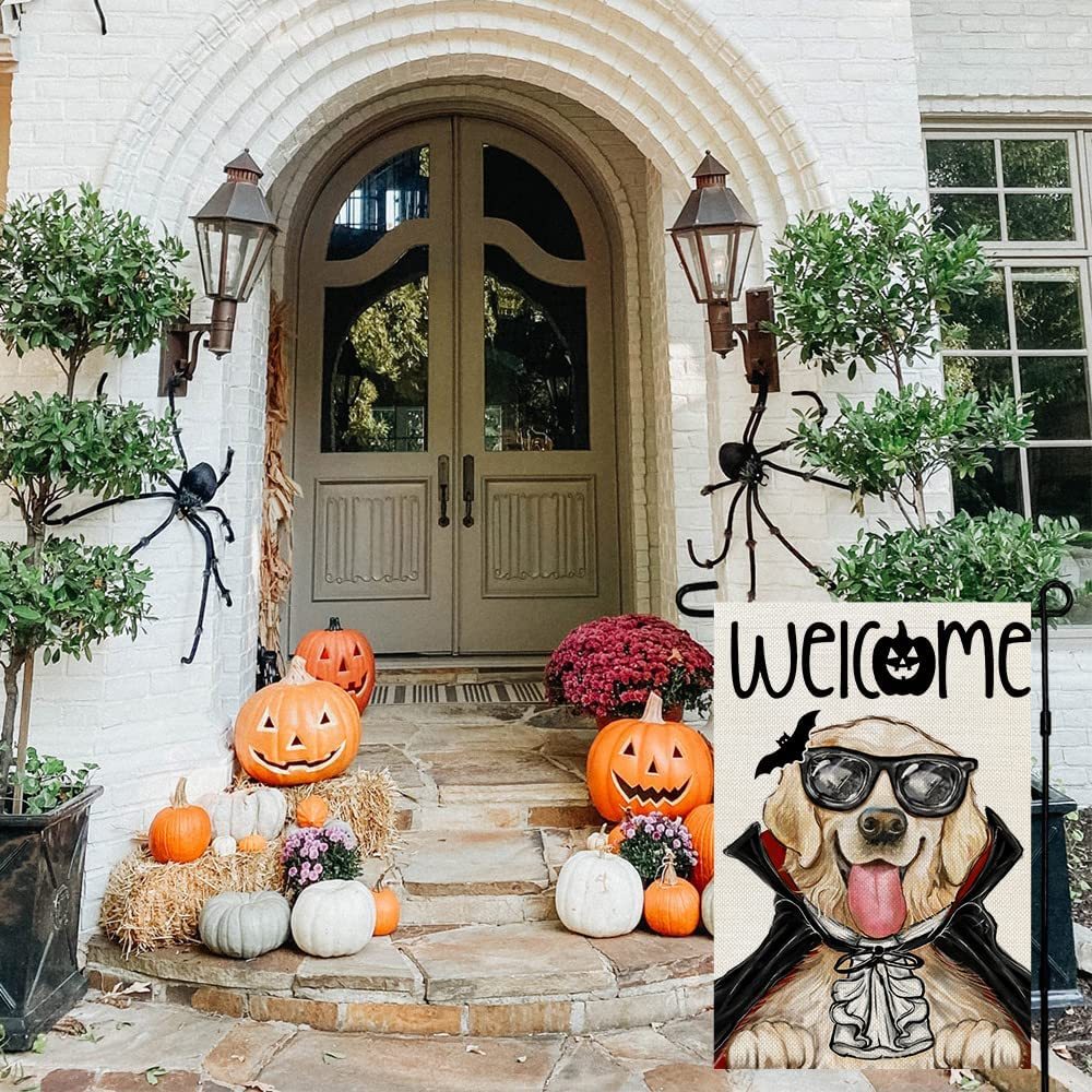Halloween Gartenflagge – Doppelseitig, 30x45cm, Sackleinen – Mit Kürbis & Fledermaus Motiv, Wetterfest