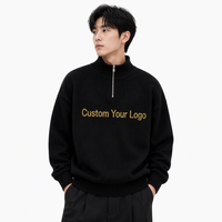 Pull Homme Noir à Col Montant et Demi-Zip, Broderie Perles Dorées, Style Urbain Raffiné, Personnalisable, Fin et Respirant pour l'Automne