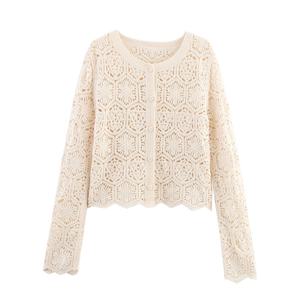 Cárdigan de punto beige con estampado floral y cuello redondo para mujer, de manga larga, abotonado, informal, transpirable y cálido para otoño. - Product Image 1