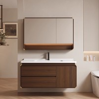 Meuble de salle de bain en bois massif de style médiéval avec lavabo en céramique intégré et miroir de salle de bain laqué pour hôtels