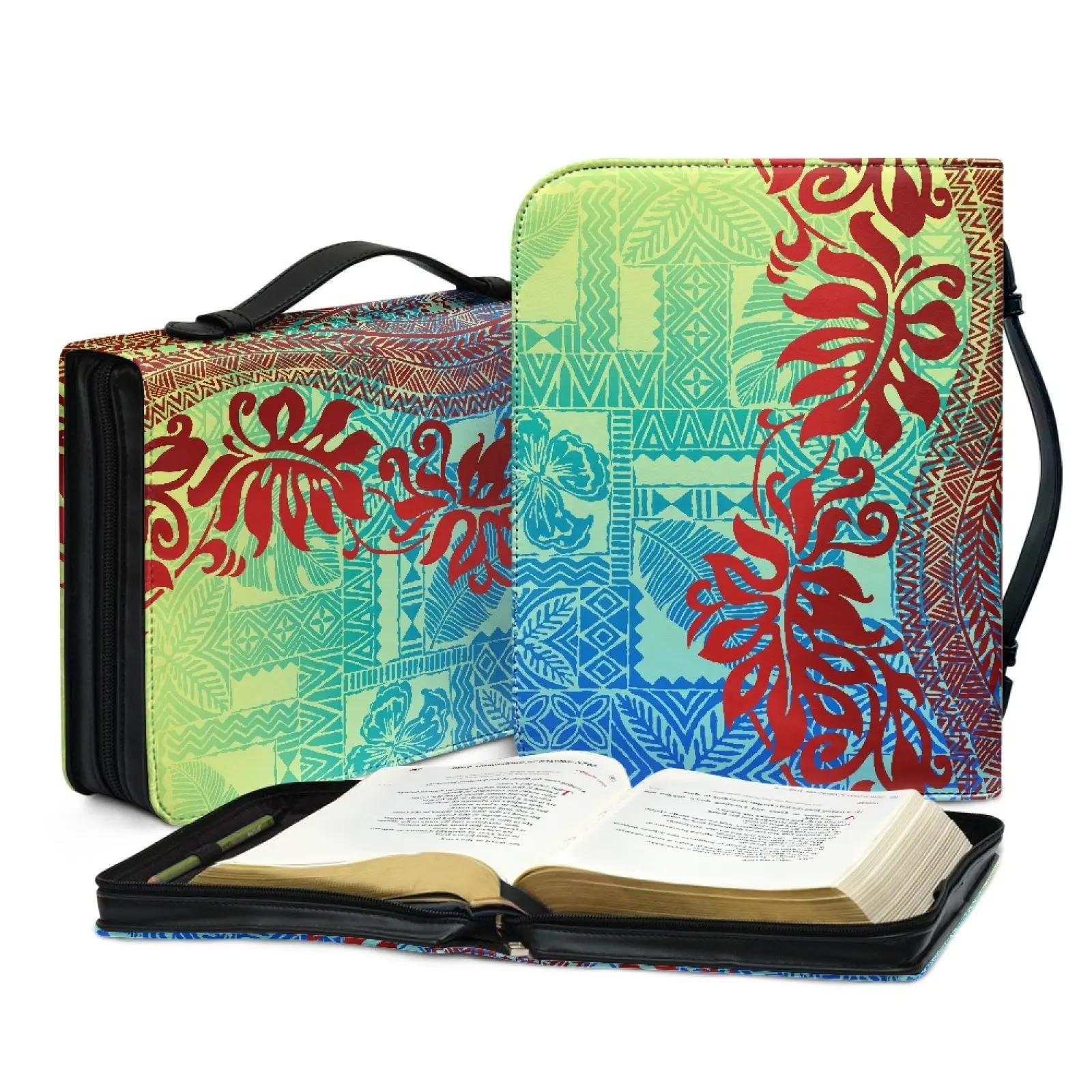 polynesian samoa Unisex Tribal Design Tropical Pattern different size High luxury Leather Bible Cover with Zipper Bible Case