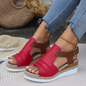 Women Retro Wedge <b>Sandals</b> Summer Thick Sole Color Block Hemp Rope Peep Toe <b>Sandals</b> - Product Image 4