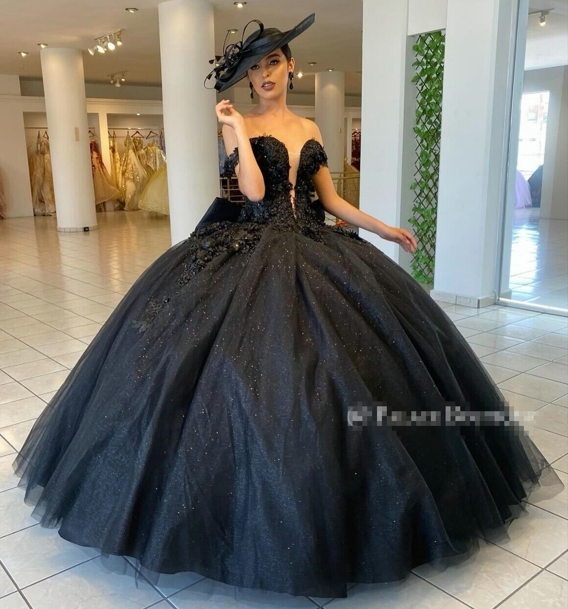 Off Shoulder 3D Flower Lace Applique Beaded Glitter Tulle Girls Sweet 15  Birthday Dresses Ball Gown Black Quinceanera Dresses| Alibaba.com