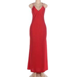 Robe longue rouge pour femme, bretelles spaghetti, col en V, sans manches, robe de soirée formelle, taille SML, couleur personnalisée - Product Image 1