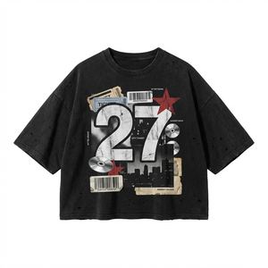 Camiseta con Etiqueta Personalizada, Estilo Vintage, 300GSM, Algodón Grueso, Corte Holgado, Recortada, con Estampado Gráfico, para Hombre - Product Image 1