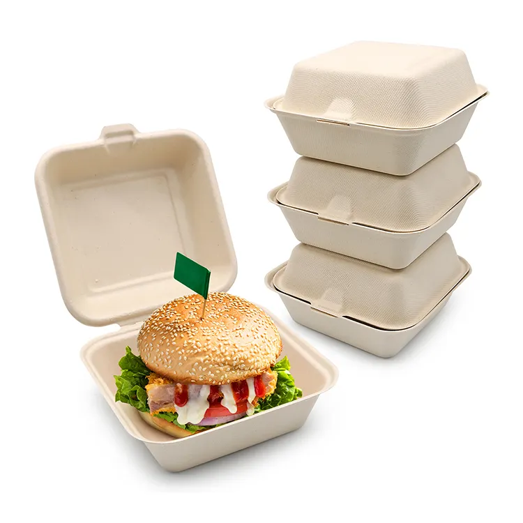 6 7 8 इंच गन्ना खोई लुगदी डिस्पोजेबल Biodegradable ब्राउन दोपहर के भोजन के खाद्य हैमबर्गर सीपी बर्गर कागज बॉक्स
