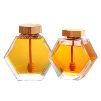Grosir Botol Kaca Madu Kosong Bentuk Heksagonal 100ML 220ML 280ML 380ML Custom Dengan Tutup Kayu dan Sendok