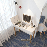 Coiffeuse de maquillage moderne en coin pour chambre à coucher Éclairage LED 3 couleurs avec panneau de rangement Style bois pour usage domestique