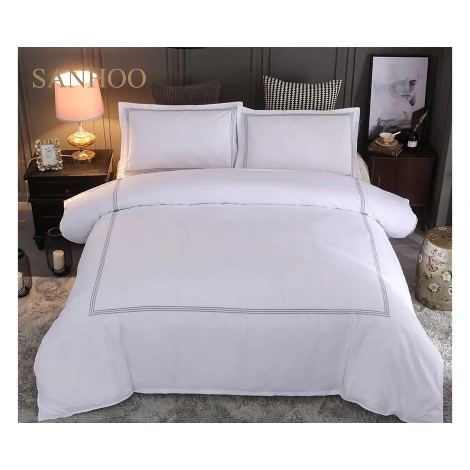 SANHOO Deluxe Sheraton Hotel 60S 6X6 Embroidery Cotton King Size Bedsheet 6Pcs High Cotton Quality Bedding Set Duvet Cover