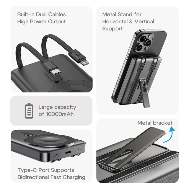 2 in One Multifunction Aluminum Alloy Power Bank 10000mah with LED Display Magnetic Wireless Charging 15W Max and Kickstand