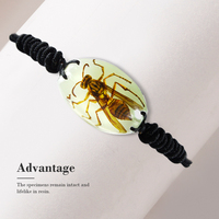 Bracelet en ambre lumineux fait main avec pendentif frelon, bijou en résine d'insecte véritable pour homme