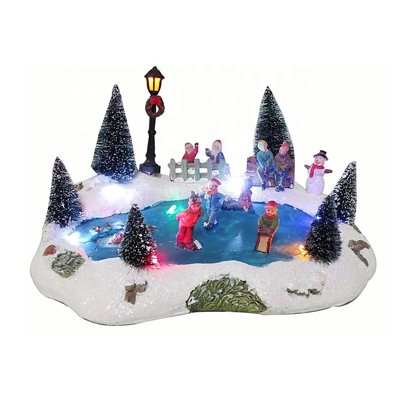 Resina Christmas Village Skating Pond animato illuminato villaggio di neve musicale per decorazioni natalizie per interni